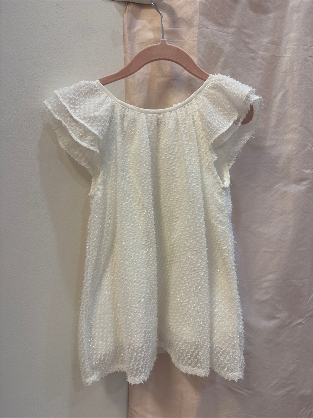 Girls' Ivory Textured Flutter-Sleeve Dress